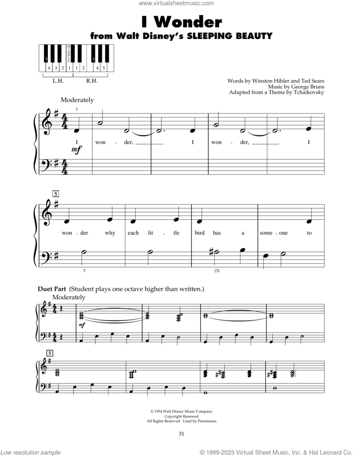 I Wonder (from Sleeping Beauty) sheet music for piano solo (5-fingers) by George Bruns, Ted Sears and Winston Hibler, beginner piano (5-fingers)