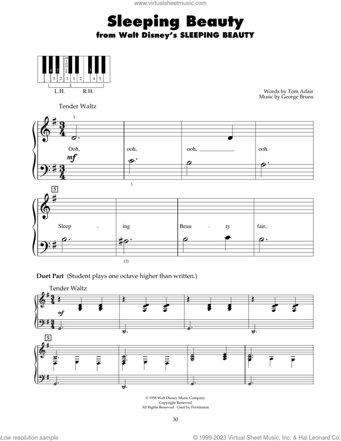 Sleeping Beauty sheet music for piano solo (5-fingers) by George Bruns and Tom Adair, beginner piano (5-fingers)