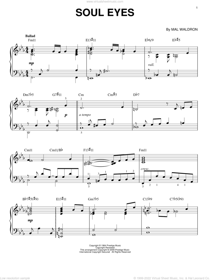 Soul Eyes (arr. Brent Edstrom) sheet music for piano solo by John Coltrane, Stan Getz and Mal Waldron, intermediate skill level