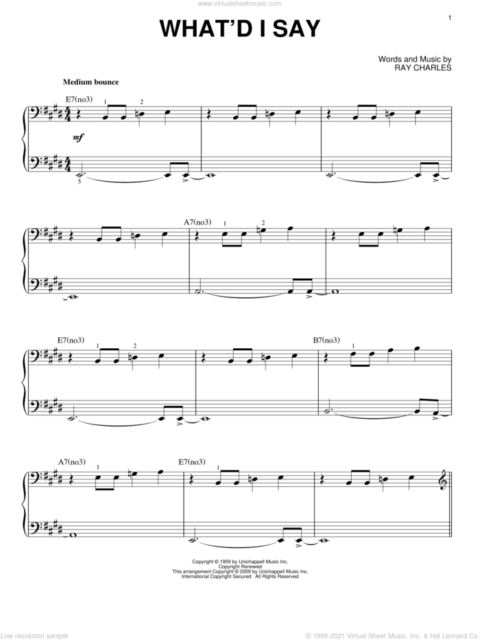 What'd I Say (arr. Brent Edstrom) sheet music for piano solo by Ray Charles, intermediate skill level