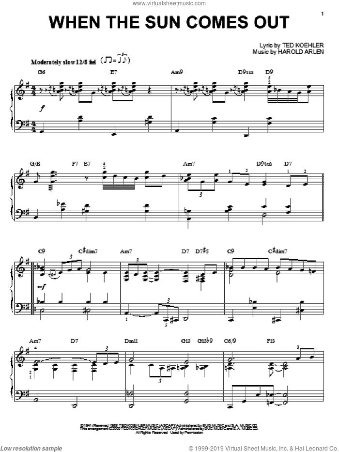 When The Sun Comes Out (arr. Brent Edstrom) sheet music for piano solo by Benny Goodman, Mel Torme, Harold Arlen and Ted Koehler, intermediate skill level