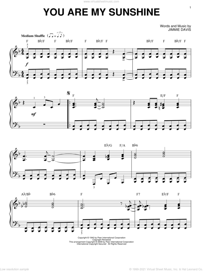 You Are My Sunshine (arr. Brent Edstrom) sheet music for piano solo by Jimmie Davis, intermediate skill level