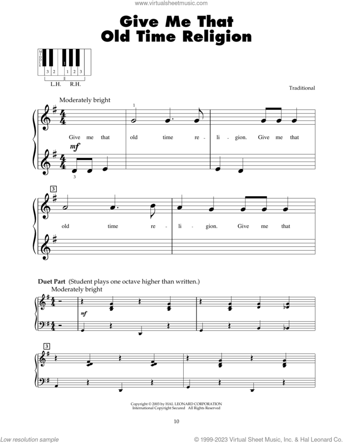 Give Me That Old Time Religion sheet music for piano solo (5-fingers), beginner piano (5-fingers)