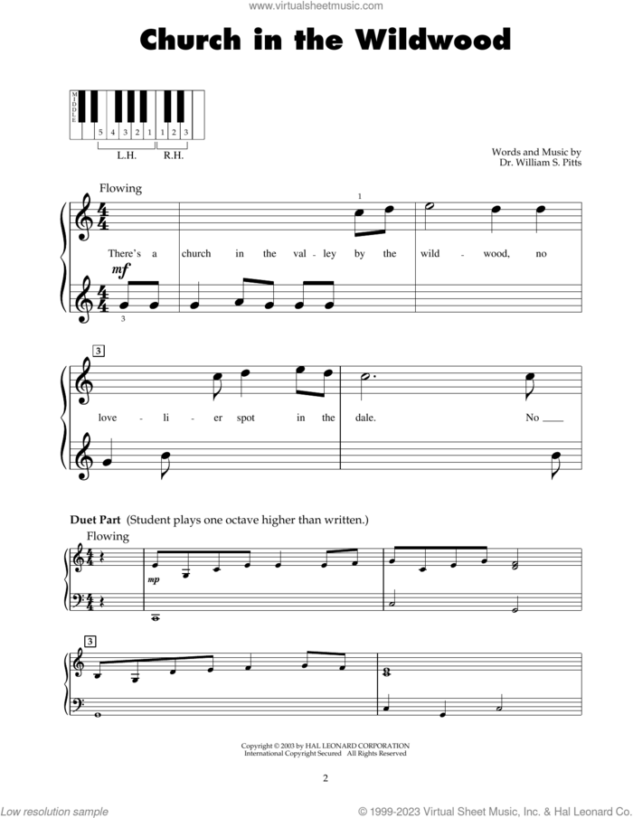 Church In The Wildwood sheet music for piano solo (5-fingers) by Dr. William S. Pitts, beginner piano (5-fingers)