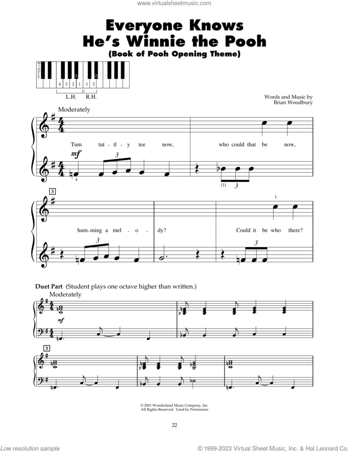 Everyone Knows He's Winnie The Pooh (Book Of Pooh Opening Theme) sheet music for piano solo (5-fingers) by Brian Woodbury, beginner piano (5-fingers)