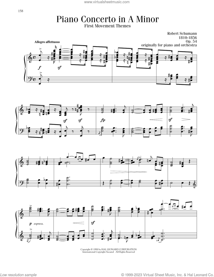 Piano Concerto in A Minor, First Movement Themes sheet music for piano solo by Robert Schumann, Blake Neely and Richard Walters, classical score, intermediate skill level
