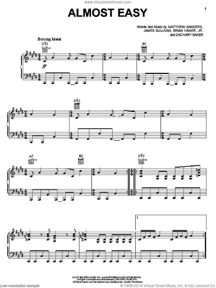 Almost Easy sheet music for voice, piano or guitar by Avenged Sevenfold, Brian Haner, Jr., James Sullivan, Matthew Sanders and Zachary Baker, intermediate skill level