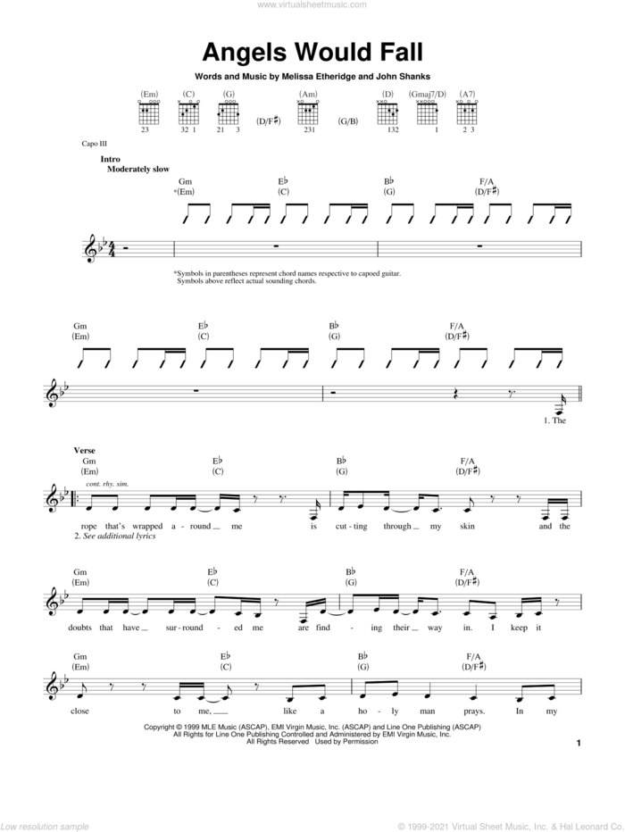 Angels Would Fall sheet music for guitar solo (chords) by Melissa Etheridge and John Shanks, easy guitar (chords)