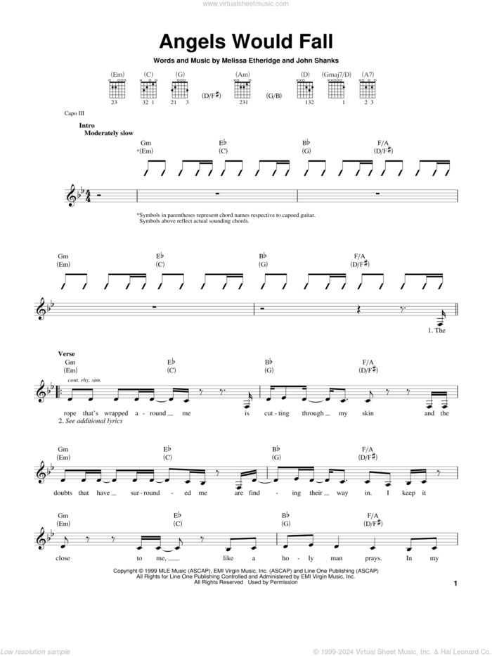 Angels Would Fall sheet music for guitar solo (chords) by Melissa Etheridge and John Shanks, easy guitar (chords)