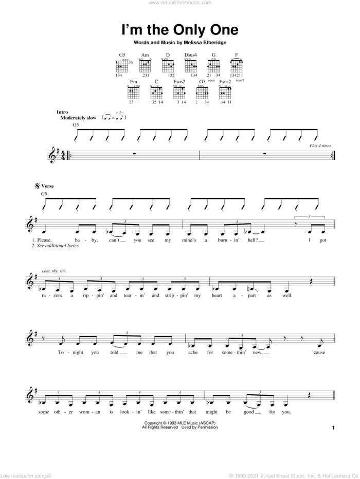 I'm The Only One sheet music for guitar solo (chords) by Melissa Etheridge, easy guitar (chords)