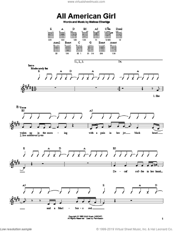All American Girl sheet music for guitar solo (chords) by Melissa Etheridge, easy guitar (chords)