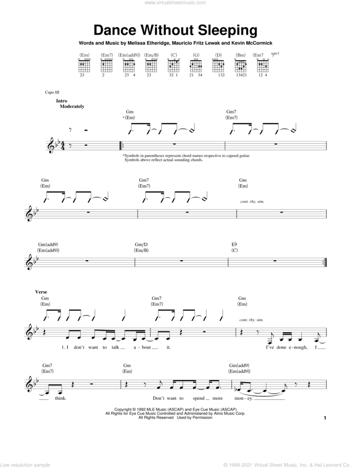 Dance Without Sleeping sheet music for guitar solo (chords) by Melissa Etheridge, Kevin McCormick and Mauricio Fritz Lewak, easy guitar (chords)
