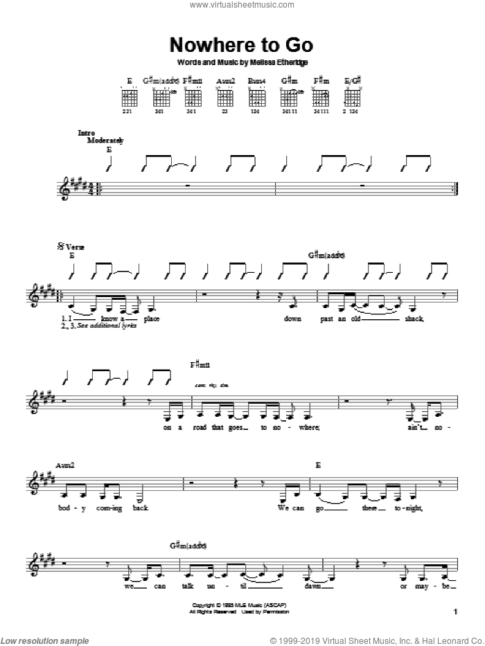 Nowhere To Go sheet music for guitar solo (chords) by Melissa Etheridge, easy guitar (chords)