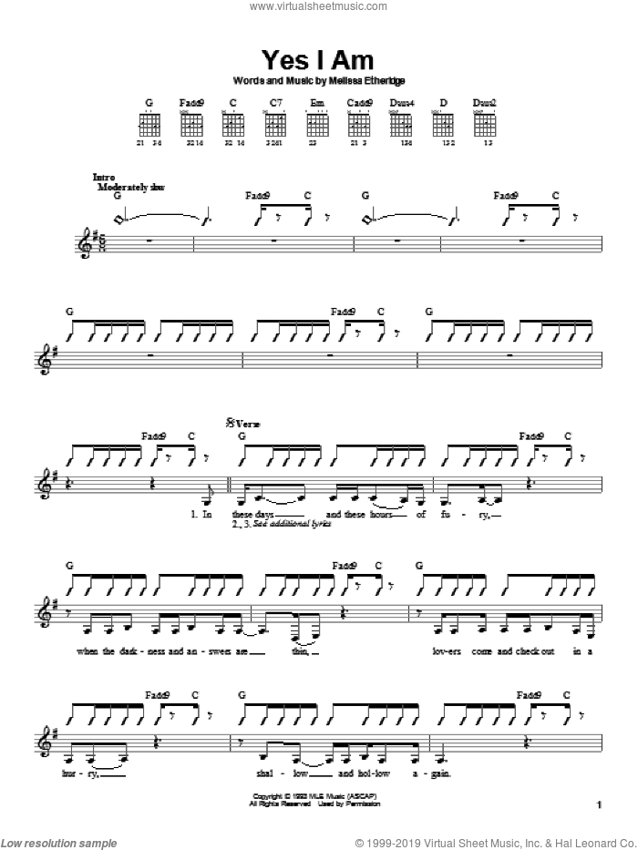 Yes I Am sheet music for guitar solo (chords) by Melissa Etheridge, easy guitar (chords)