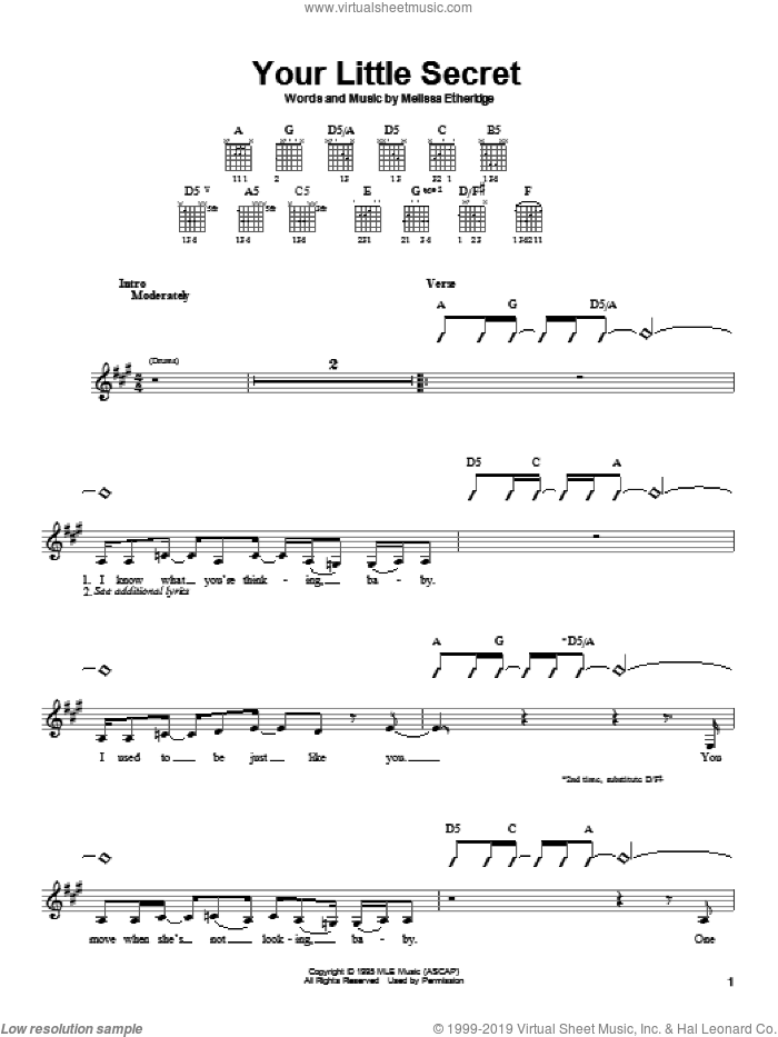 Your Little Secret sheet music for guitar solo (chords) by Melissa Etheridge, easy guitar (chords)