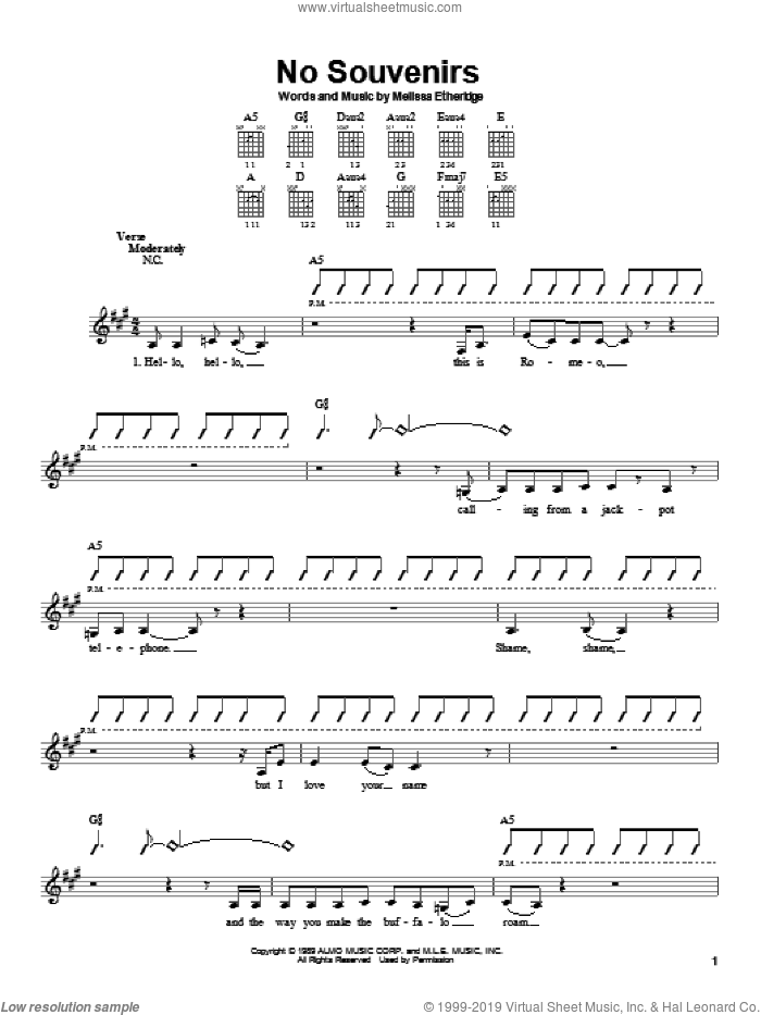 No Souvenirs sheet music for guitar solo (chords) by Melissa Etheridge, easy guitar (chords)
