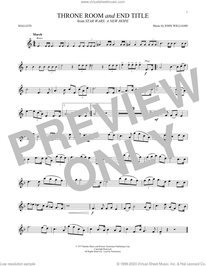 The Throne Room And End Title (from Star Wars: A New Hope) sheet music for mallet solo (Percussion) by John Williams, intermediate mallet (Percussion)