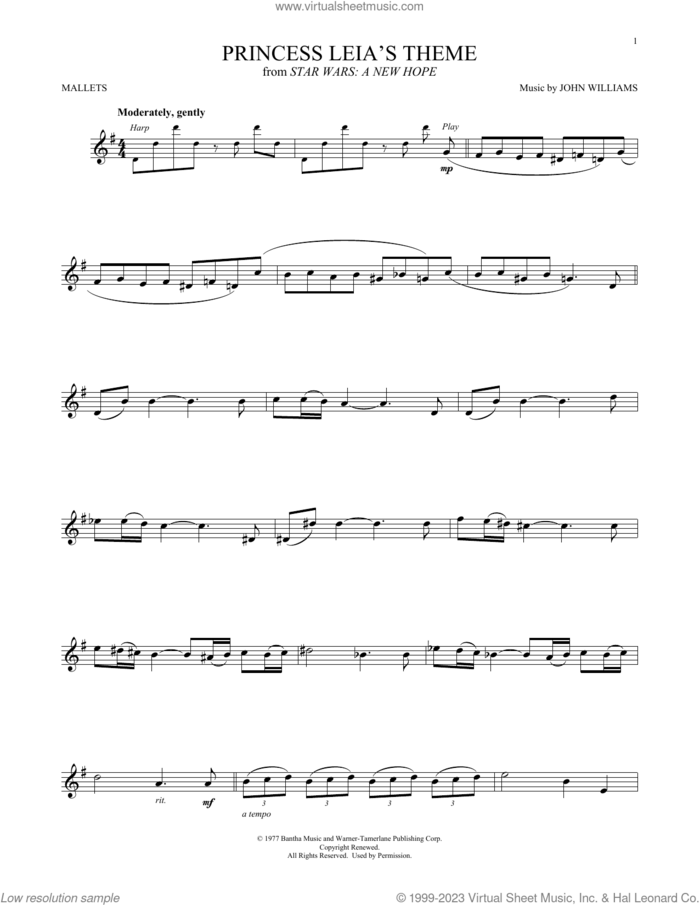 Princess Leia's Theme (from Star Wars: A New Hope) sheet music for mallet solo (Percussion) by John Williams, intermediate mallet (Percussion)