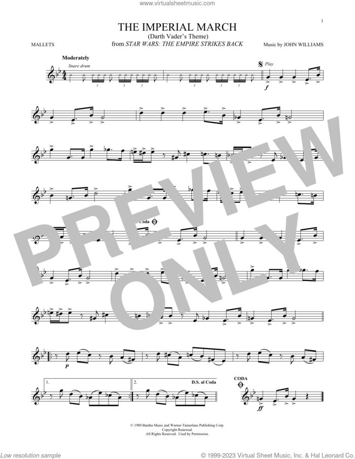 The Imperial March (Darth Vader's Theme) (from Star Wars: The Empire Strikes Back) sheet music for mallet solo (Percussion) by John Williams, intermediate mallet (Percussion)