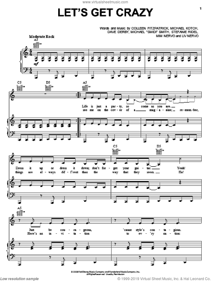 Let's Get Crazy sheet music for voice, piano or guitar by Hannah Montana, Hannah Montana (Movie), Miley Cyrus, Colleen Fitzpatrick, Dave Derby, Liv Nervo, Michael 'Smidi' Smith, Michael Kotch, Mim Nervo and Stefanie Ridel, intermediate skill level