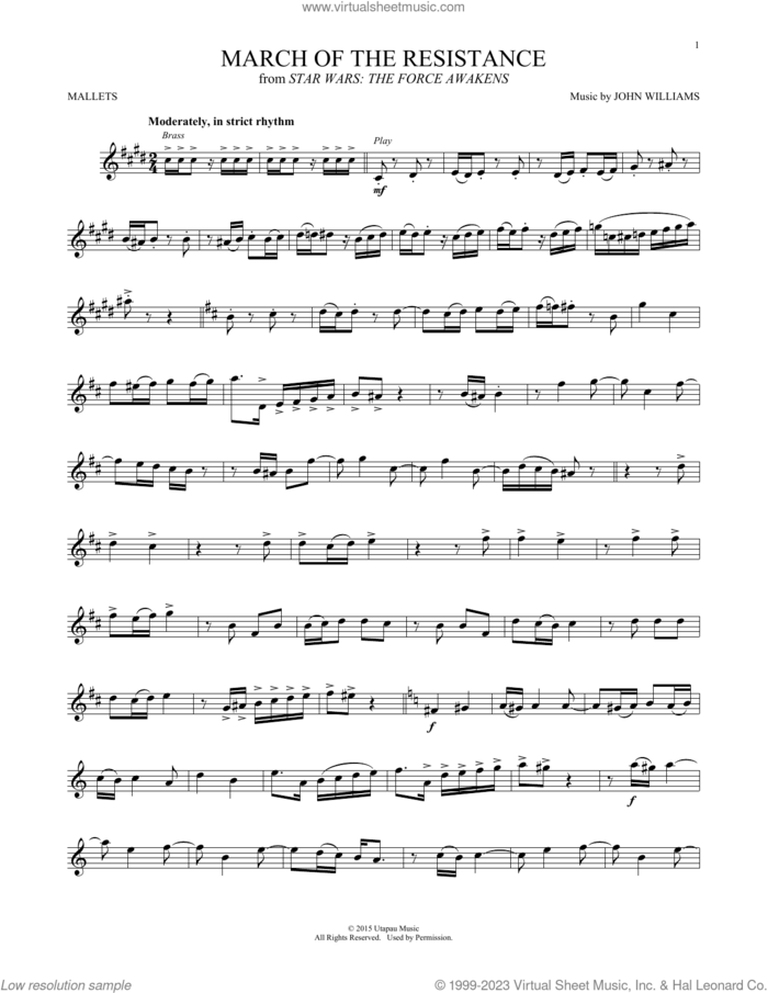 March Of The Resistance (from Star Wars: The Force Awakens) sheet music for mallet solo (Percussion) by John Williams, intermediate mallet (Percussion)