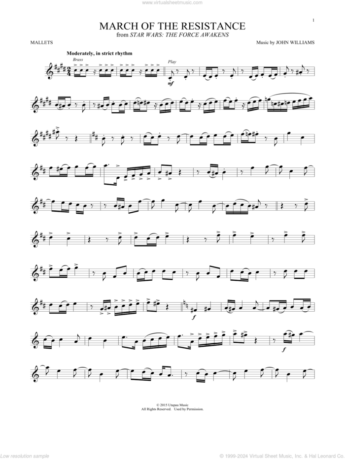 March Of The Resistance (from Star Wars: The Force Awakens) sheet music for mallet solo (Percussion) by John Williams, intermediate mallet (Percussion)