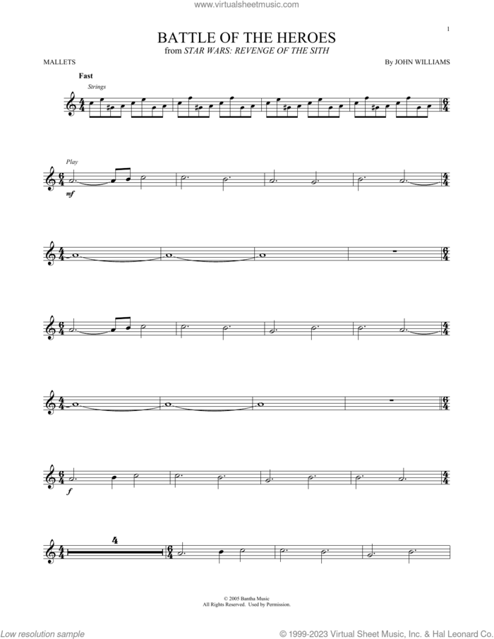 Battle Of The Heroes (from Star Wars: Revenge Of The Sith) sheet music for mallet solo (Percussion) by John Williams, intermediate mallet (Percussion)