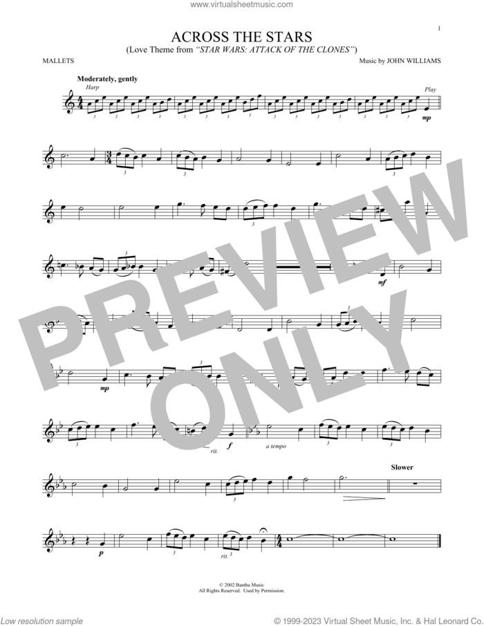 Across The Stars (from Star Wars: Attack of the Clones) sheet music for mallet solo (Percussion) by John Williams, intermediate mallet (Percussion)
