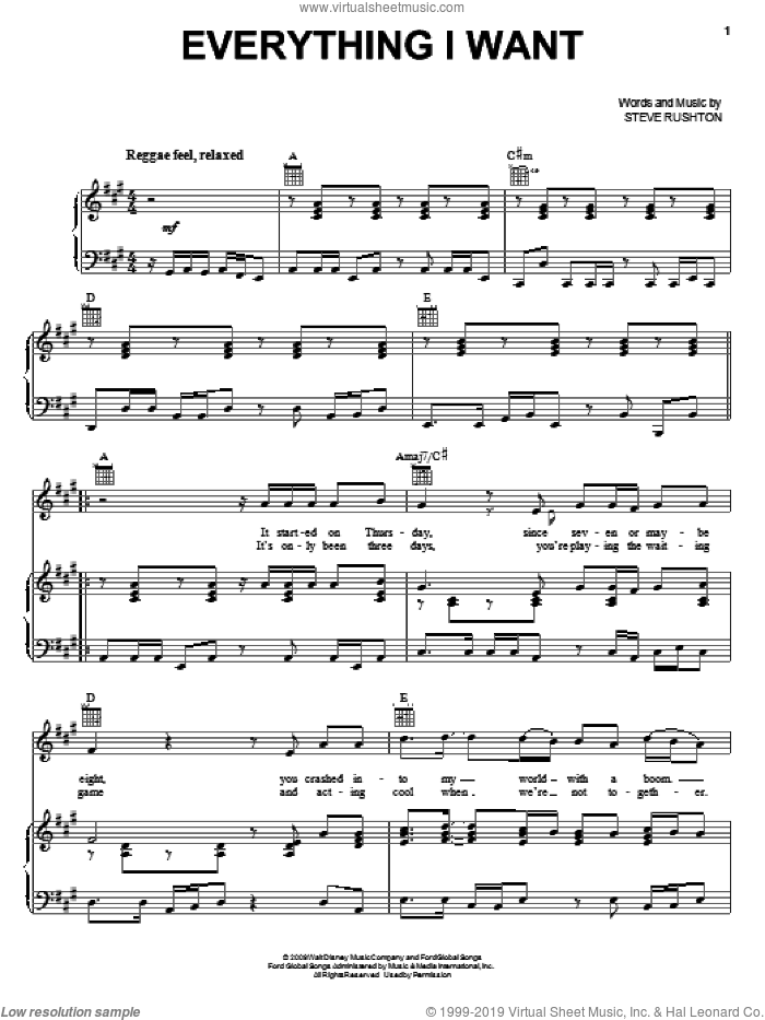 Everything I Want (from Hannah Montana: The Movie) sheet music for voice, piano or guitar by Steve Rushton and Hannah Montana (Movie), intermediate skill level