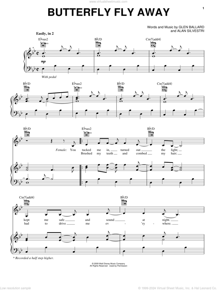 Butterfly Fly Away sheet music for voice, piano or guitar by Miley Cyrus, Hannah Montana, Hannah Montana (Movie), Alan Silvestri and Glen Ballard, intermediate skill level