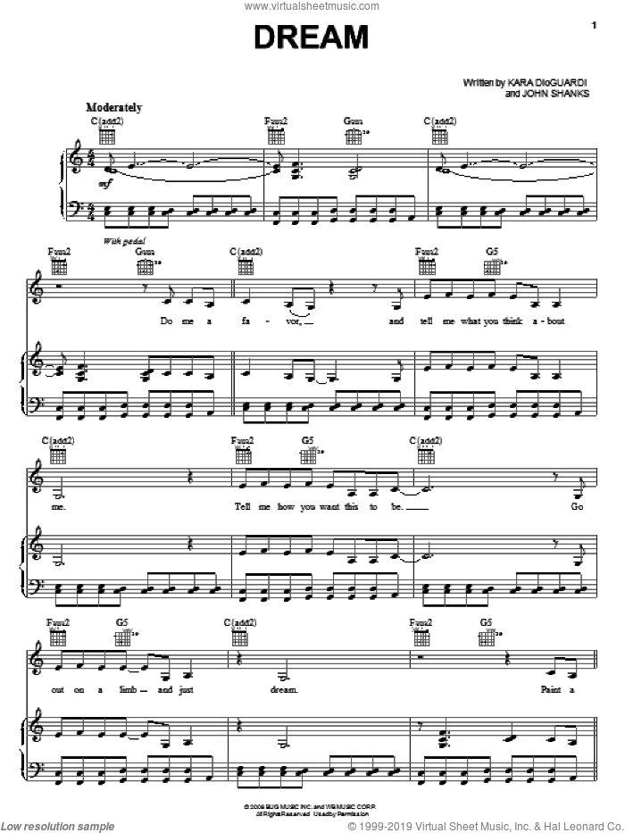 Dream sheet music for voice, piano or guitar by Miley Cyrus, Hannah Montana, Hannah Montana (Movie), John Shanks and Kara DioGuardi, intermediate skill level