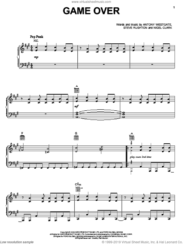 Game Over sheet music for voice, piano or guitar by Steve Rushton, Hannah Montana (Movie), Antony Westgate and Nigel Clark, intermediate skill level
