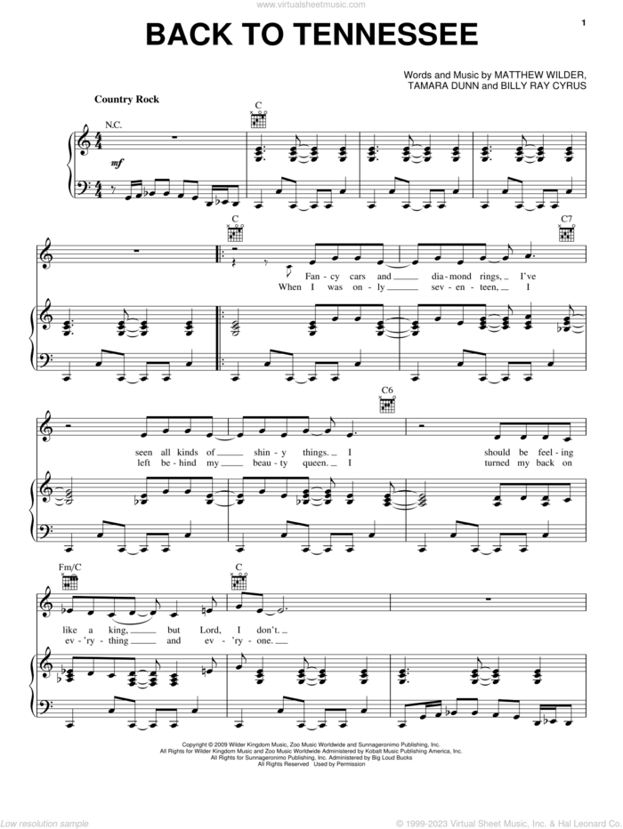 Back To Tennessee sheet music for voice, piano or guitar by Billy Ray Cyrus, Hannah Montana, Hannah Montana (Movie), Matthew Wilder and Tamara Dunn, intermediate skill level