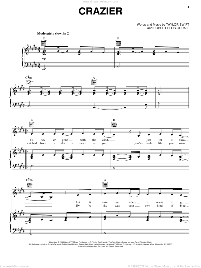 Crazier sheet music for voice, piano or guitar by Taylor Swift, Hannah Montana (Movie) and Robert Ellis Orrall, intermediate skill level
