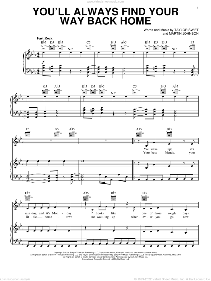 You'll Always Find Your Way Back Home sheet music for voice, piano or guitar by Hannah Montana, Hannah Montana (Movie), Miley Cyrus, Martin Johnson and Taylor Swift, intermediate skill level