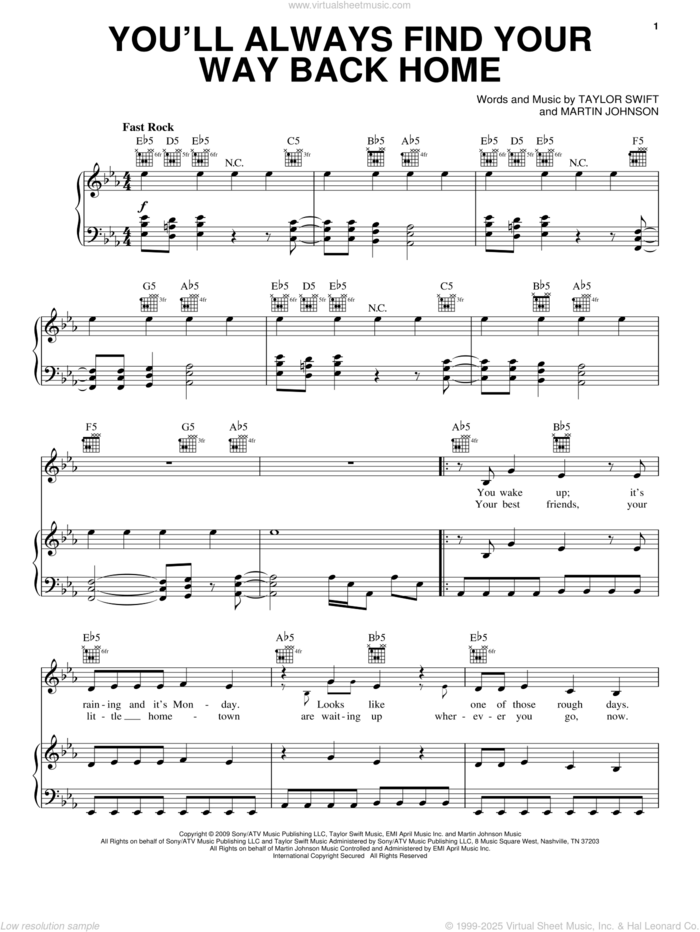 You'll Always Find Your Way Back Home sheet music for voice, piano or guitar by Hannah Montana, Hannah Montana (Movie), Miley Cyrus, Martin Johnson and Taylor Swift, intermediate skill level