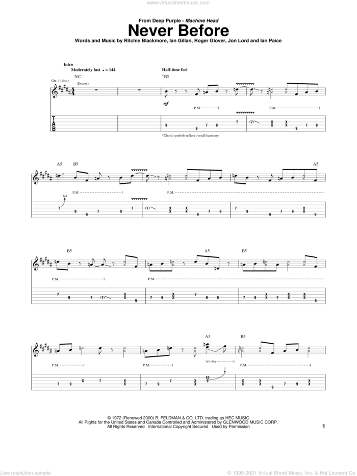 Never Before sheet music for guitar (tablature) by Deep Purple, Ian Gillan, Ian Paice, Jon Lord, Ritchie Blackmore and Roger Glover, intermediate skill level
