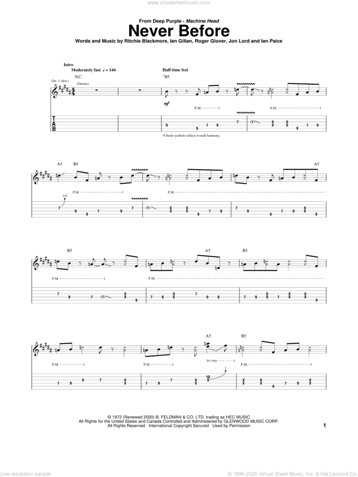 Never Before sheet music for guitar (tablature) by Deep Purple, Ian Gillan, Ian Paice, Jon Lord, Ritchie Blackmore and Roger Glover, intermediate skill level