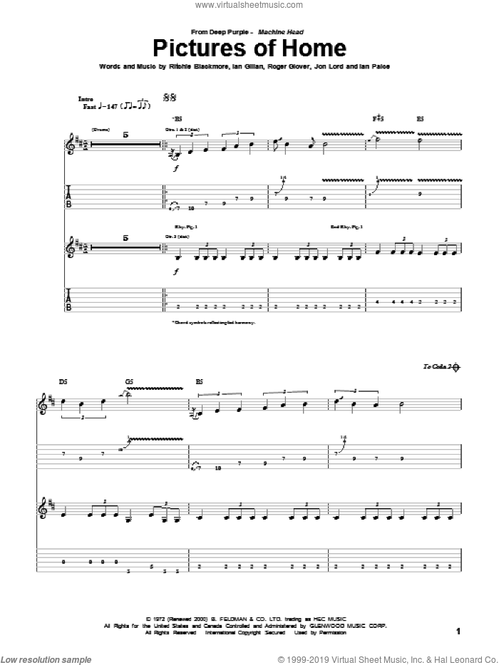 Pictures Of Home sheet music for guitar (tablature) by Deep Purple, Ian Gillan, Ian Paice, Jon Lord, Ritchie Blackmore and Roger Glover, intermediate skill level