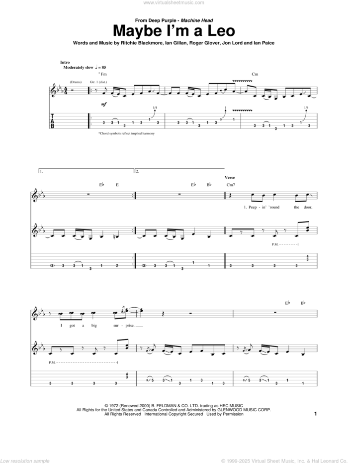 Maybe I'm A Leo sheet music for guitar (tablature) by Deep Purple, Ian Gillan, Ian Paice, Jon Lord, Ritchie Blackmore and Roger Glover, intermediate skill level