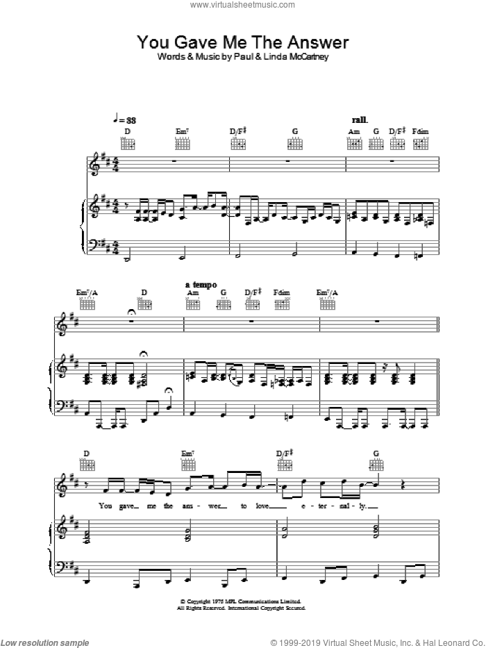 You Gave Me The Answer sheet music for voice, piano or guitar by Wings, intermediate skill level
