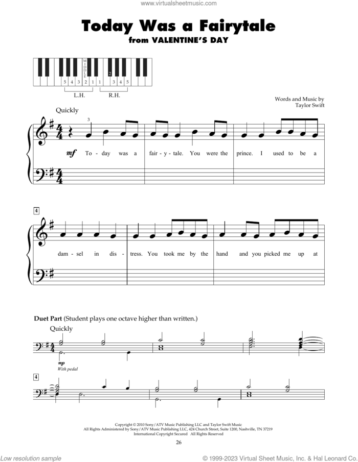Today Was A Fairytale sheet music for piano solo (5-fingers) by Taylor Swift, beginner piano (5-fingers)