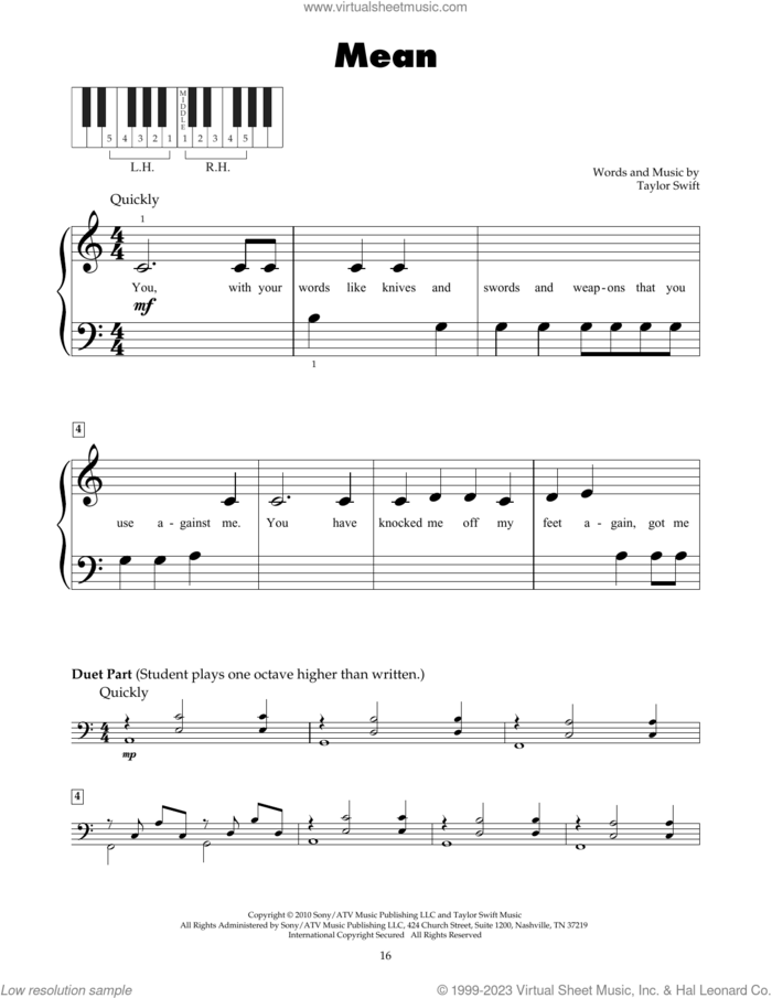 Mean sheet music for piano solo (5-fingers) by Taylor Swift, beginner piano (5-fingers)