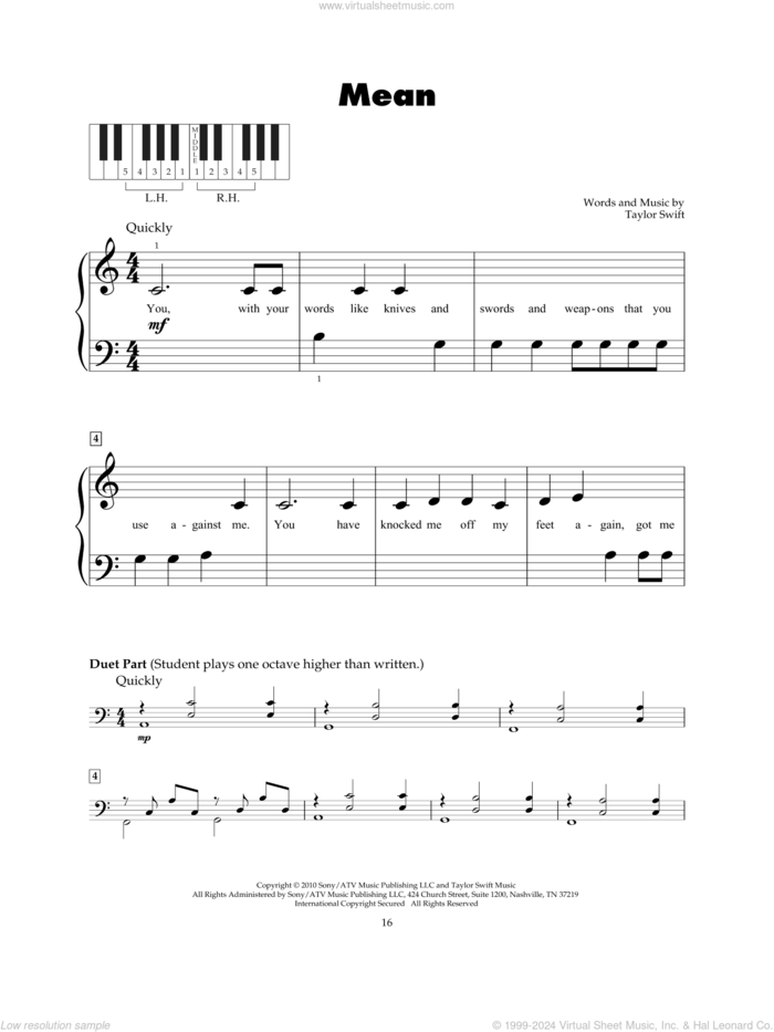 Mean sheet music for piano solo (5-fingers) by Taylor Swift, beginner piano (5-fingers)