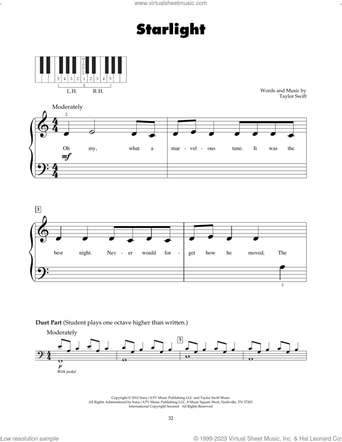 Starlight sheet music for piano solo (5-fingers) by Taylor Swift, beginner piano (5-fingers)