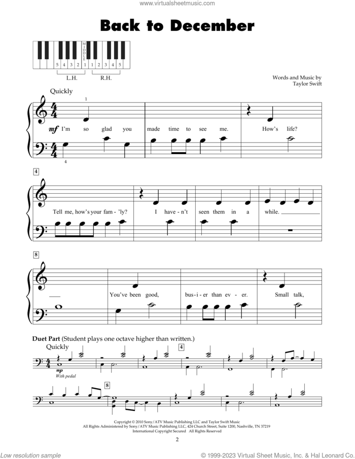 Back To December sheet music for piano solo (5-fingers) by Taylor Swift, beginner piano (5-fingers)