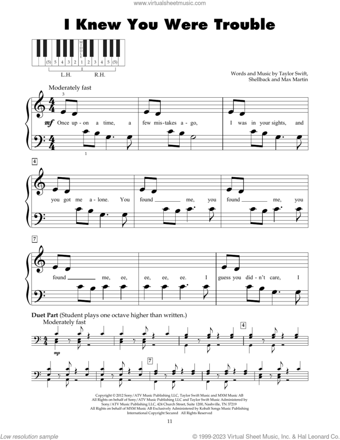 I Knew You Were Trouble sheet music for piano solo (5-fingers) by Taylor Swift, Max Martin and Shellback, beginner piano (5-fingers)