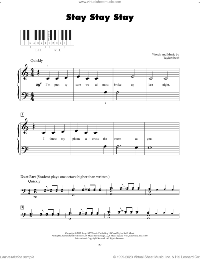 Stay Stay Stay sheet music for piano solo (5-fingers) by Taylor Swift, beginner piano (5-fingers)