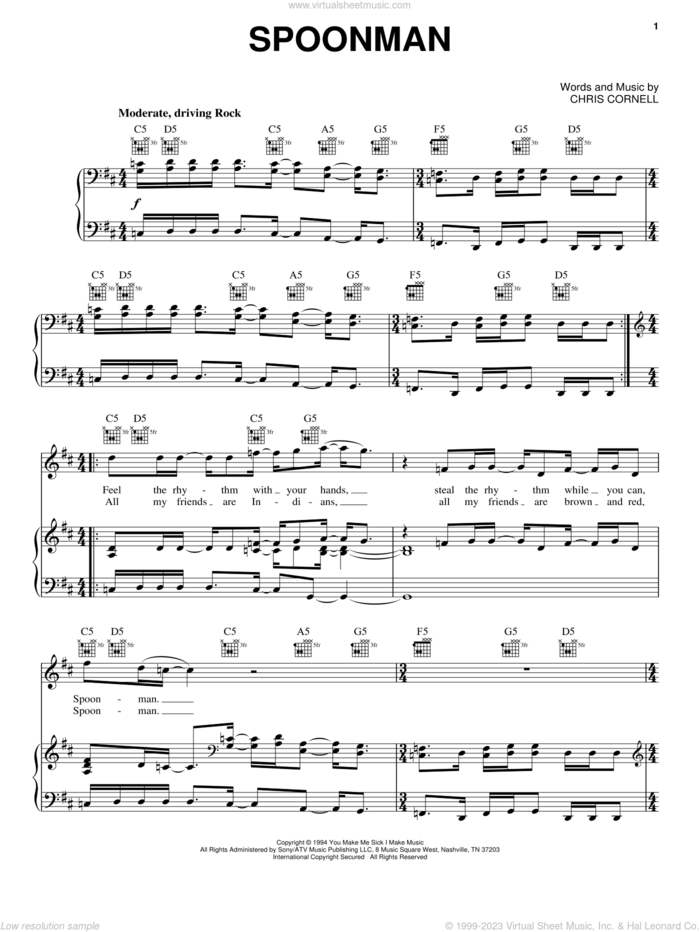 Spoonman sheet music for voice, piano or guitar by Soundgarden and Chris Cornell, intermediate skill level