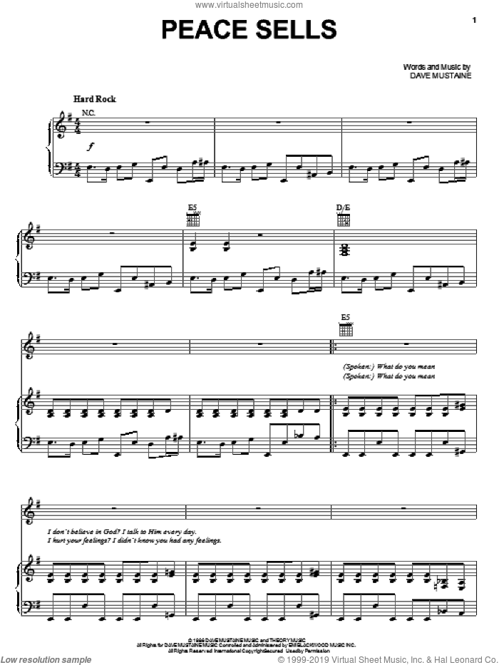 Peace Sells sheet music for voice, piano or guitar by Megadeth and Dave Mustaine, intermediate skill level
